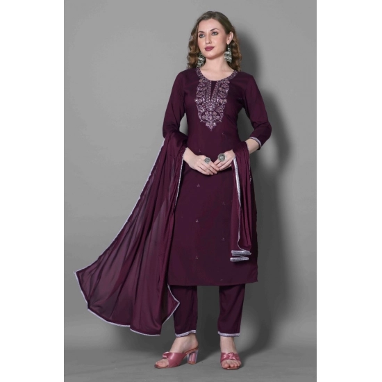 Generic Women's Silk Blend Embroidered 3-4 th Sleeve Round Neck Kurti With Pant Dupatta Set (Purple)