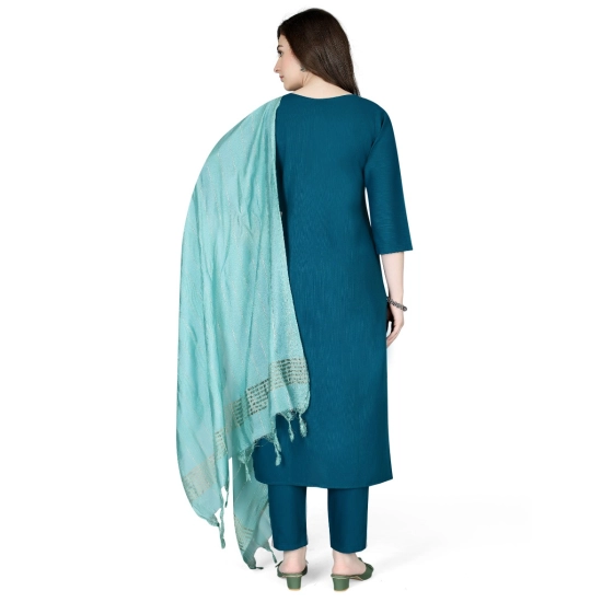 Generic Women's Cotton Blend Embroidered 3-4 th Sleeve V Neck Kurti With Pant Dupatta Set (Indigo)