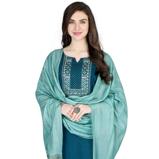 Generic Women's Cotton Blend Embroidered 3-4 th Sleeve V Neck Kurti With Pant Dupatta Set (Indigo)