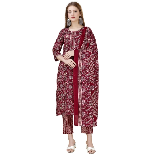 Generic Women's Cotton Blend Printed 3-4 th Sleeve Round Neck Kurti With Pant Dupatta Set (Maroon) Generic Women's Cotton Blend Printed 3-4 th Sleeve Round Neck Kurti With Pant Dupatta Set (Maroon)
