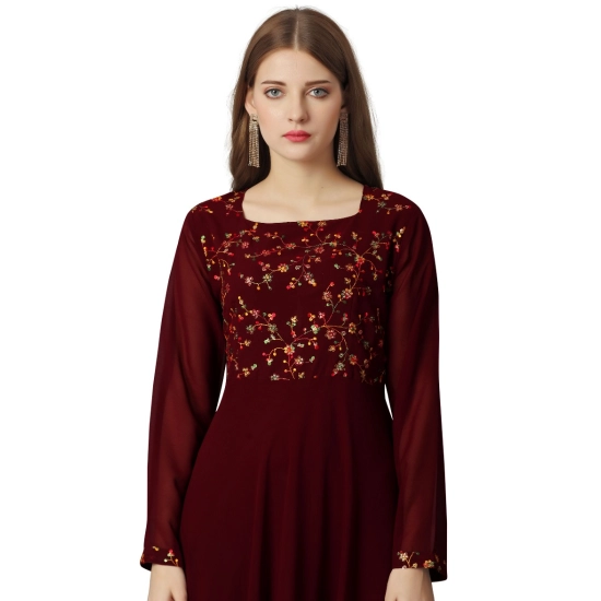Generic Women's Georgette Embroidered Full Sleeve Round Neck Gown (Maroon)
