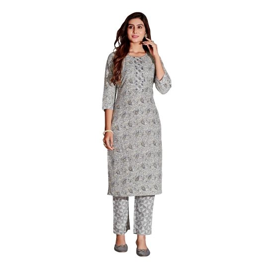 Generic Women's Cotton Blend Foil Print - Mirror Work 3-4 th Sleeve Round Neck Kurti With Pant Set (Grey) Generic Women's Cotton Blend Foil Print - Mirror Work 3-4 th Sleeve Round Neck Kurti With Pant Set (Grey)