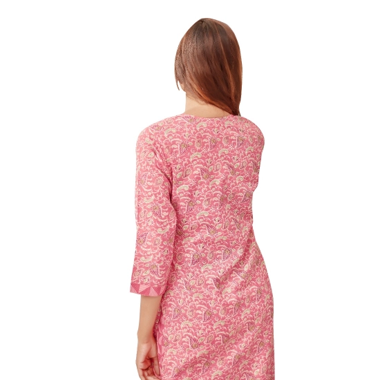 Generic Women's Cotton Blend Foil Print - Mirror Work 3-4 th Sleeve Round Neck Kurti With Pant Set (Pink)