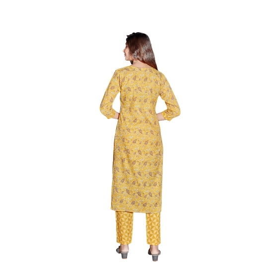 Generic Women's Cotton Blend Foil Print - Mirror Work 3-4 th Sleeve Round Neck Kurti With Pant Set (Mustard)