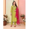 Generic Women's Silk Embroidered 3-4 th Sleeve Sweetheart Neck Kurti With Pant Dupatta Set (Green)