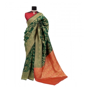 Generic Women's Banarasi Printed Saree With Unstitched Blouse 5.5Mtr (Green)