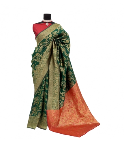 Generic Women's Banarasi Printed Saree With Unstitched Blouse 5.5Mtr (Green)