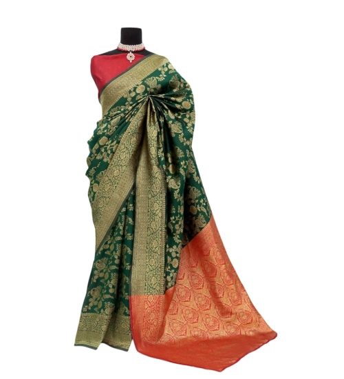 Generic Women's Banarasi Printed Saree With Unstitched Blouse 5.5Mtr (Green)