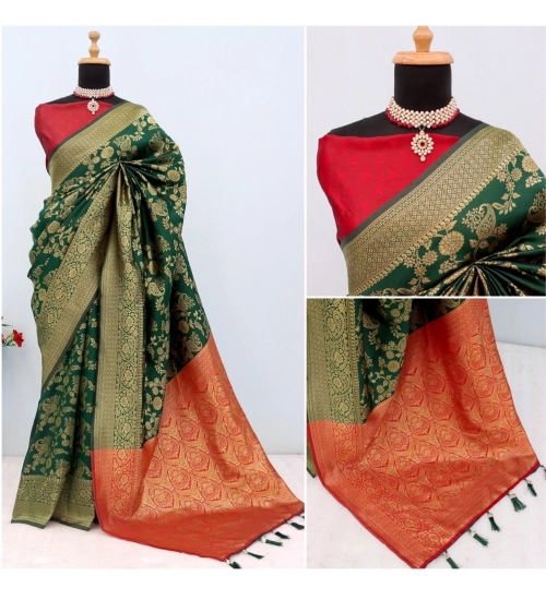 Generic Women's Banarasi Printed Saree With Unstitched Blouse 5.5Mtr (Green)