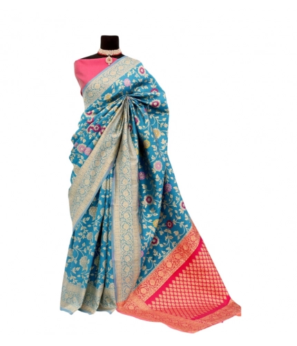 Generic Women's Banarasi Printed Saree With Unstitched Blouse 5.5Mtr (Aqua Blue)