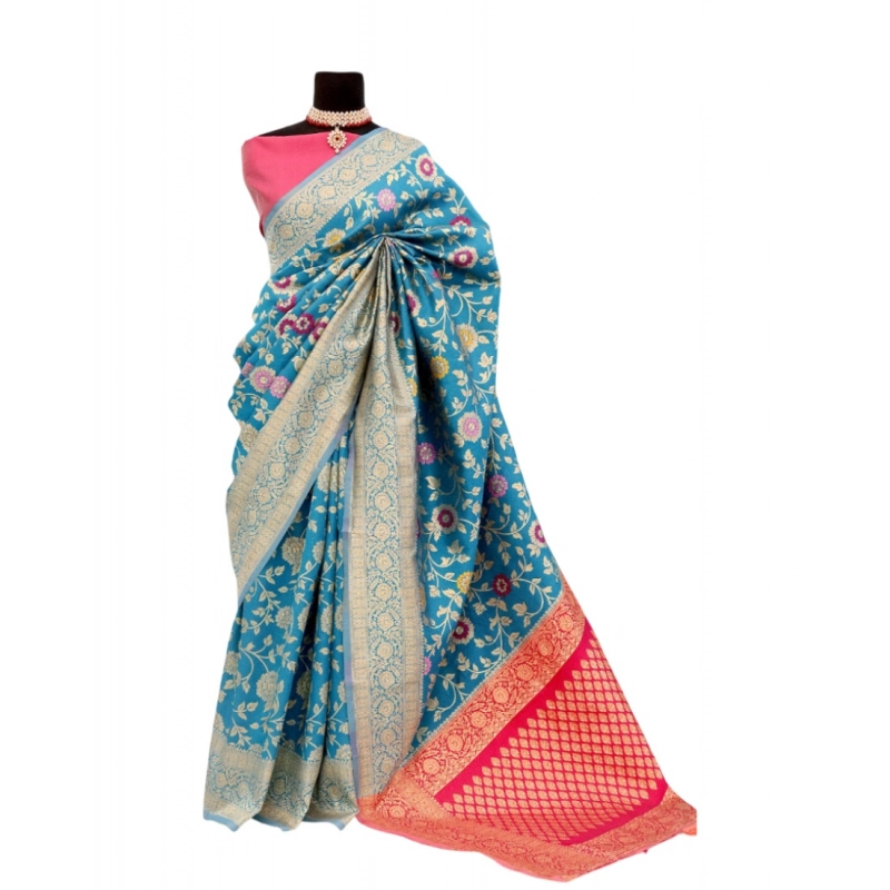 Women's Banarasi Printed Saree With Unstitched Blouse 5.5Mtr (Aqua Blue) Women's Banarasi Printed Saree With Unstitched Blouse 5.5Mtr (Aqua Blue)