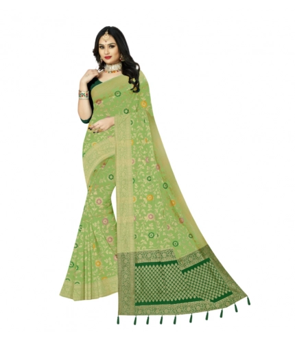 Generic Women's Banarasi Printed Saree With Unstitched Blouse 5.5Mtr (Light Green)