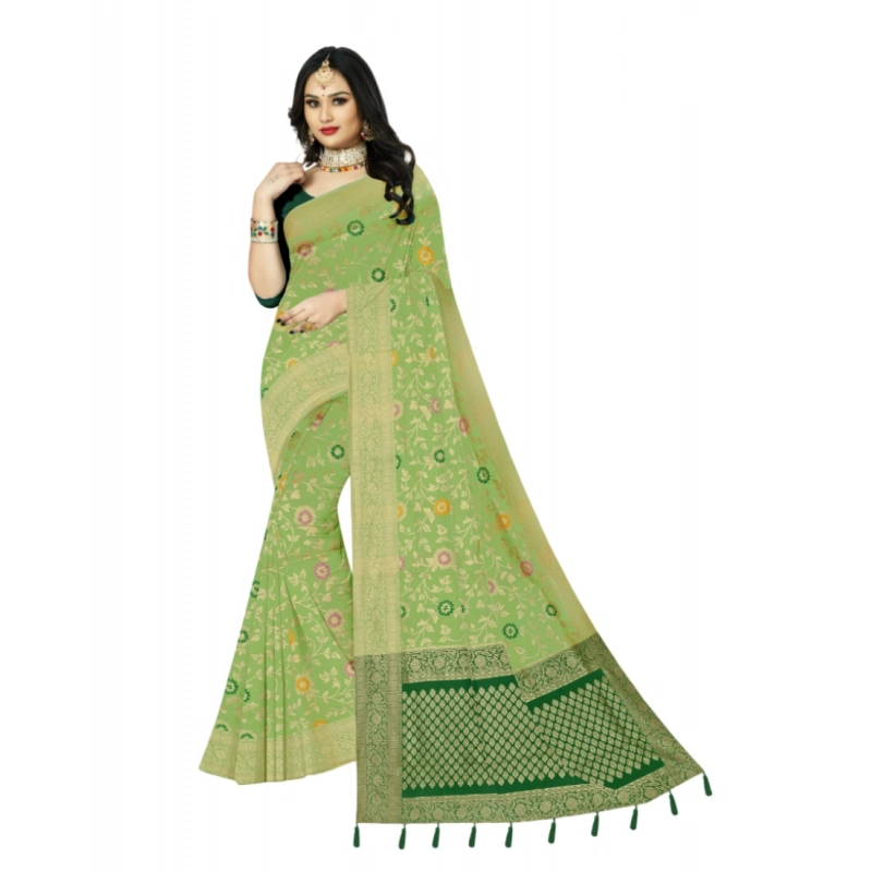 Women's Banarasi Printed Saree With Unstitched Blouse 5.5Mtr (Light Green)