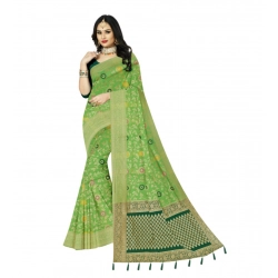 Generic Women's Banarasi Printed Saree With Unstitched Blouse 5.5Mtr (Green)