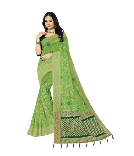 Generic Women's Banarasi Printed Saree With Unstitched Blouse 5.5Mtr (Green)
