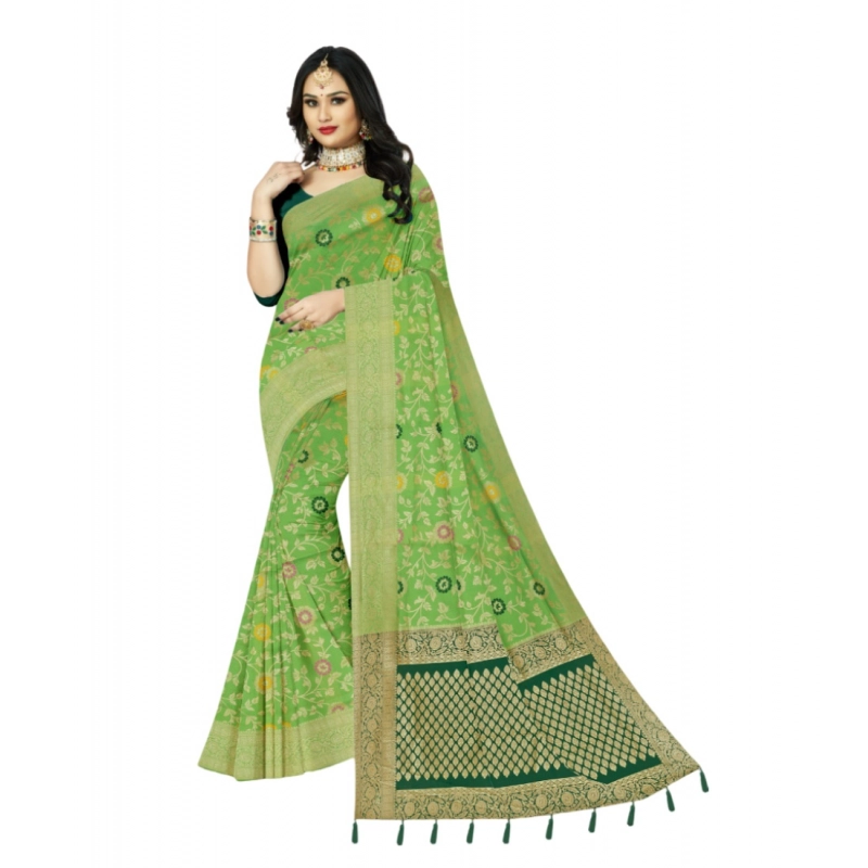 Women's Banarasi Printed Saree With Unstitched Blouse 5.5Mtr (Green)