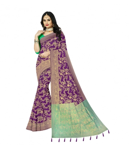 Generic Women's Banarasi Printed Saree With Unstitched Blouse 5.5Mtr (Purple)