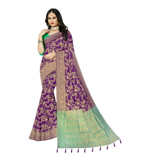 Generic Women's Banarasi Printed Saree With Unstitched Blouse 5.5Mtr (Purple)