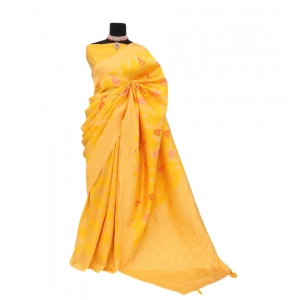 Generic Women's Banarasi Printed Saree With Unstitched Blouse 5.5Mtr (Yellow)