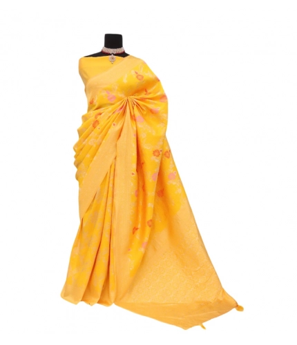 Generic Women's Banarasi Printed Saree With Unstitched Blouse 5.5Mtr (Yellow)