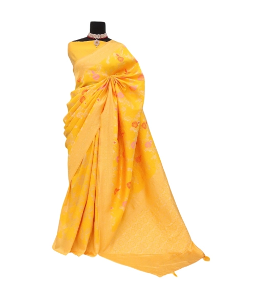 Generic Women's Banarasi Printed Saree With Unstitched Blouse 5.5Mtr (Yellow)