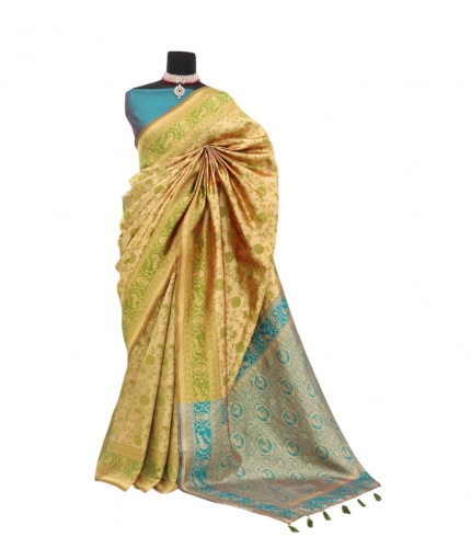 Generic Women's Banarasi Printed Saree With Unstitched Blouse 5.5Mtr (Golden)
