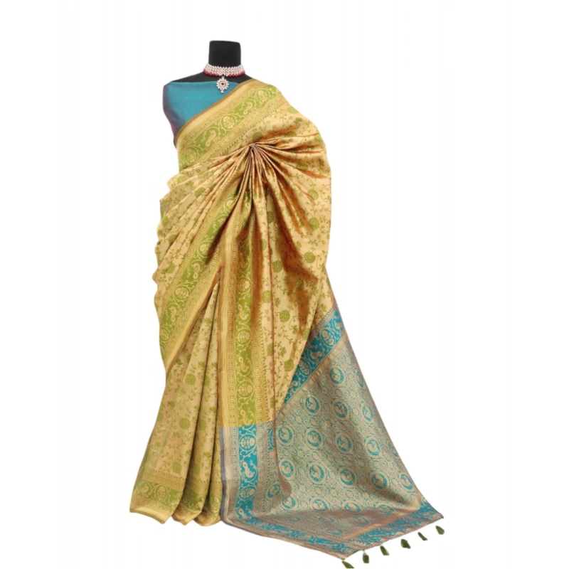 Women's Banarasi Printed Saree With Unstitched Blouse 5.5Mtr (Goldan)