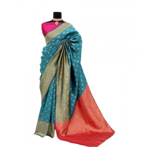 Generic Women's Banarasi Printed Saree With Unstitched Blouse 5.5Mtr (Aqua Blue)