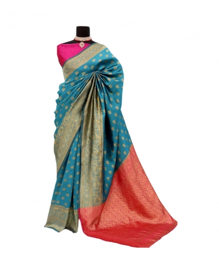Generic Women's Banarasi Printed Saree With Unstitched Blouse 5.5Mtr (Aqua Blue)