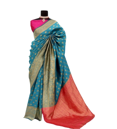 Generic Women's Banarasi Printed Saree With Unstitched Blouse 5.5Mtr (Aqua Blue)