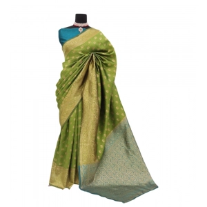 Generic Women's Banarasi Printed Saree With Unstitched Blouse 5.5Mtr (Mehendi Green)