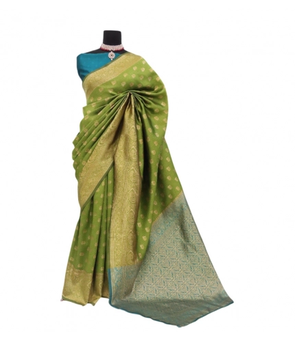 Generic Women's Banarasi Printed Saree With Unstitched Blouse 5.5Mtr (Mehendi Green)