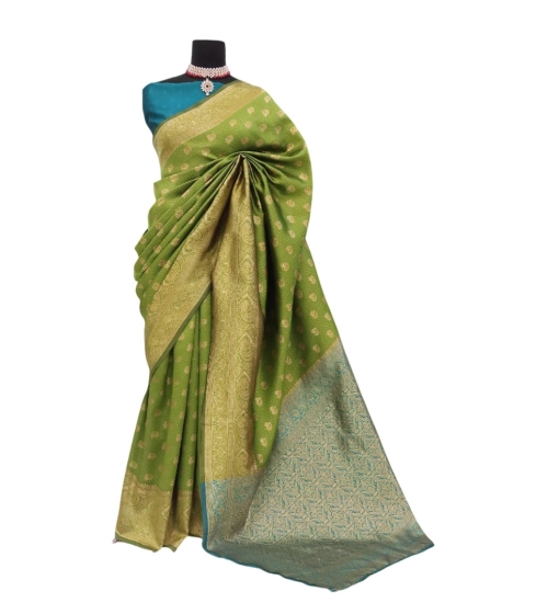 Generic Women's Banarasi Printed Saree With Unstitched Blouse 5.5Mtr (Mehendi Green)