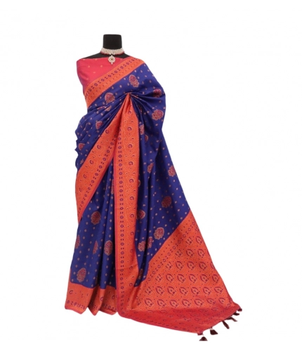 Generic Women's Banarasi Printed Saree With Unstitched Blouse 5.5Mtr (Navy Blue)