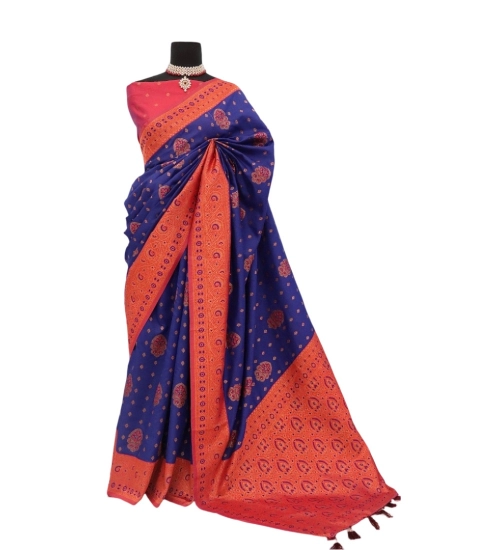 Generic Women's Banarasi Printed Saree With Unstitched Blouse 5.5Mtr (Navy Blue)