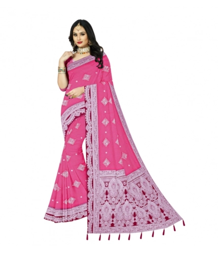 Generic Women's Cotton Printed Saree With Unstitched Blouse 5.5Mtr (Pink)