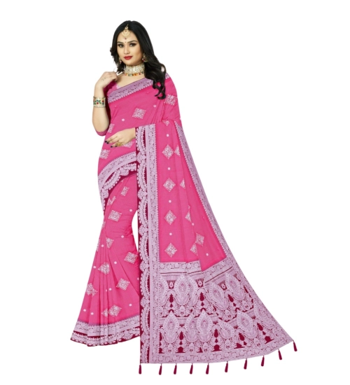 Generic Women's Cotton Printed Saree With Unstitched Blouse 5.5Mtr (Pink)