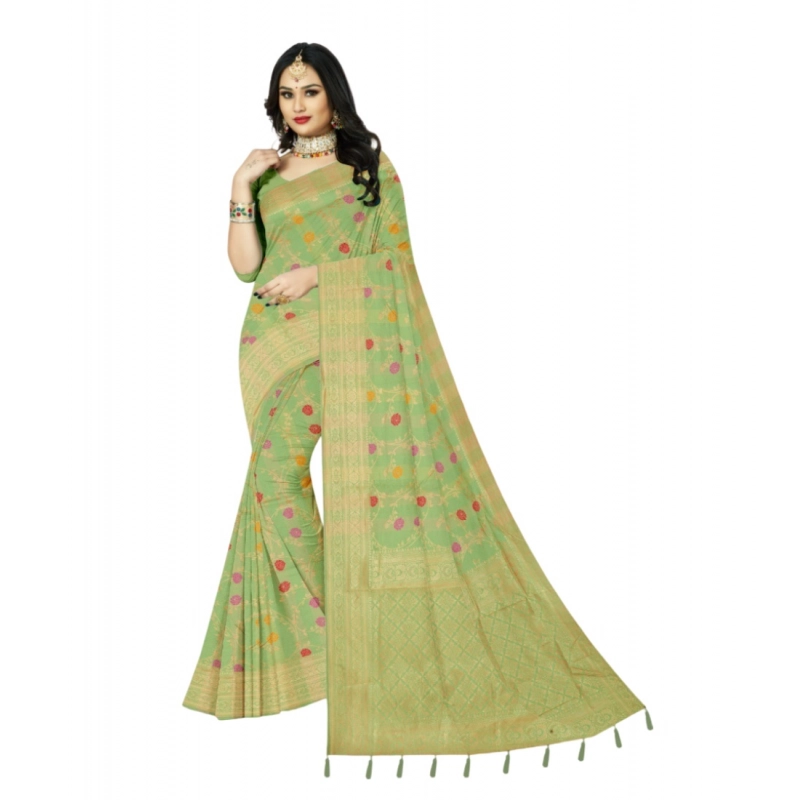 Women's Banarasi Printed Saree With Unstitched Blouse 5.5Mtr (Green)