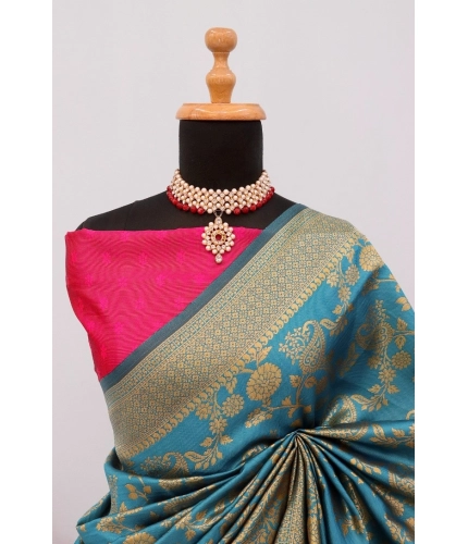 Generic Women's Banarasi Printed Saree With Unstitched Blouse 5.5Mtr (Aqua Blue)