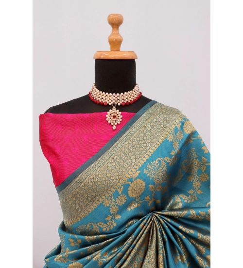 Generic Women's Banarasi Printed Saree With Unstitched Blouse 5.5Mtr (Aqua Blue)
