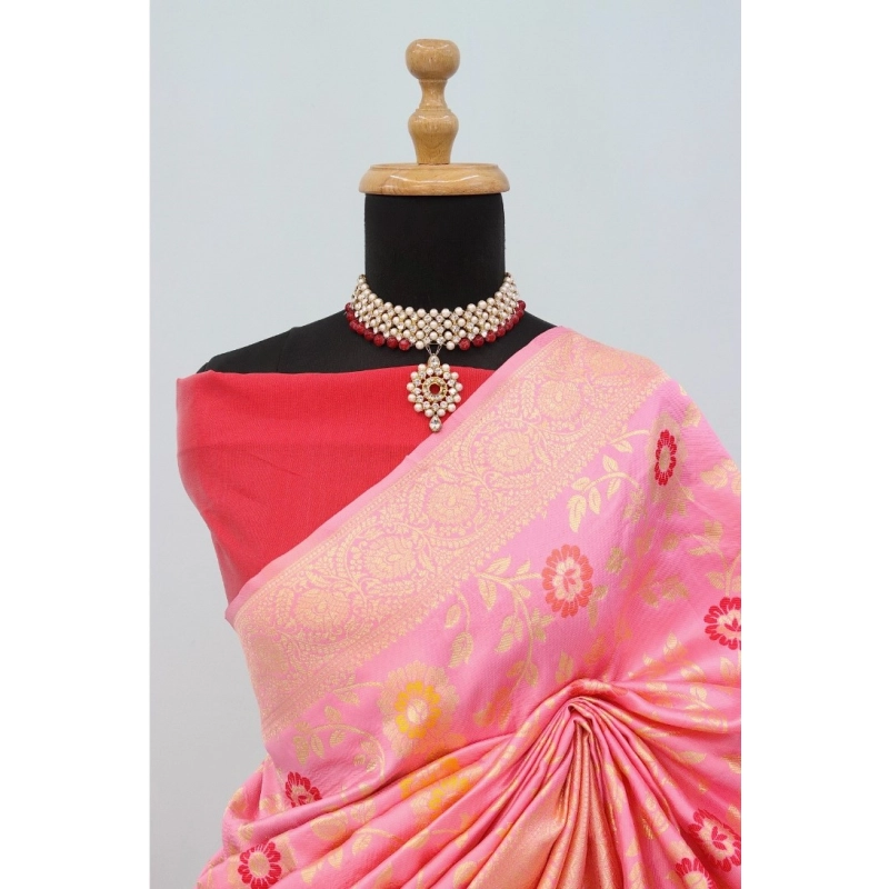 Women's Banarasi Printed Saree With Unstitched Blouse 5.5Mtr (Pink) Women's Banarasi Printed Saree With Unstitched Blouse 5.5Mtr (Pink)