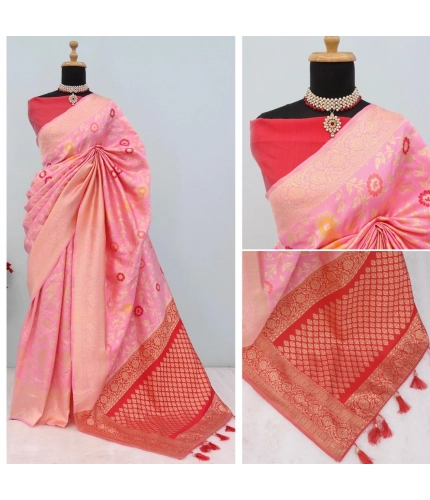 Generic Women's Banarasi Printed Saree With Unstitched Blouse 5.5Mtr (Pink)