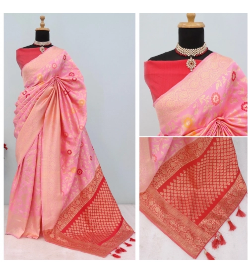 Generic Women's Banarasi Printed Saree With Unstitched Blouse 5.5Mtr (Pink)