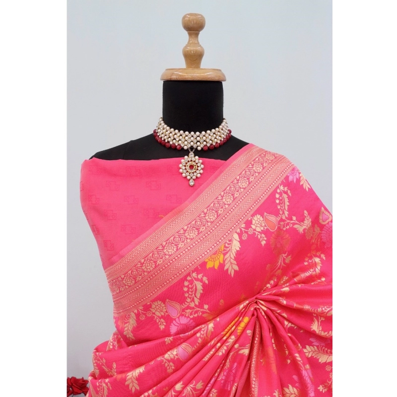Women's Banarasi Printed Saree With Unstitched Blouse 5.5Mtr (Rani)