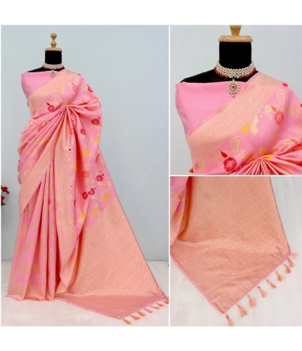 Generic Women's Banarasi Printed Saree With Unstitched Blouse 5.5Mtr (Pink)