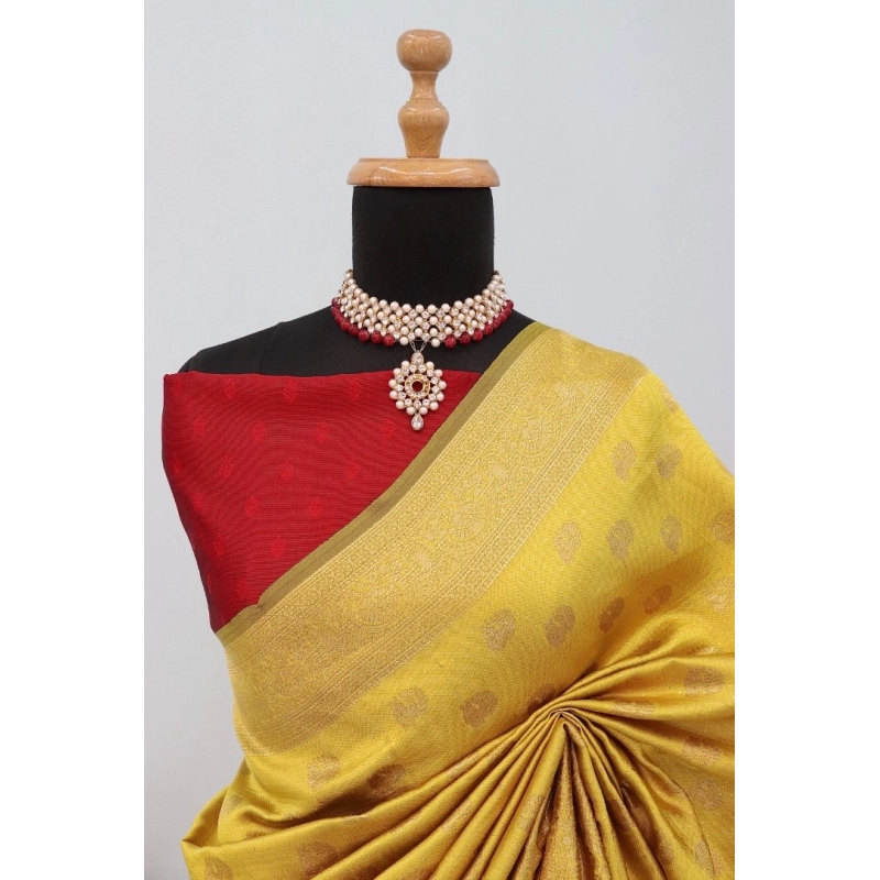 Women's Banarasi Printed Saree With Unstitched Blouse 5.5Mtr (Yellow)