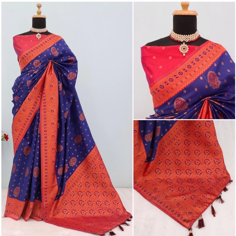 Women's Banarasi Printed Saree With Unstitched Blouse 5.5Mtr (Navy Blue)