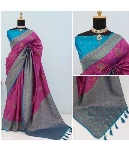 Generic Women's Banarasi Printed Saree With Unstitched Blouse 5.5Mtr (Purple)