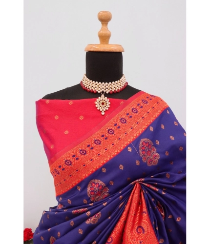 Generic Women's Banarasi Printed Saree With Unstitched Blouse 5.5Mtr (Navy Blue)