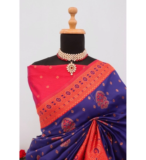Generic Women's Banarasi Printed Saree With Unstitched Blouse 5.5Mtr (Navy Blue)